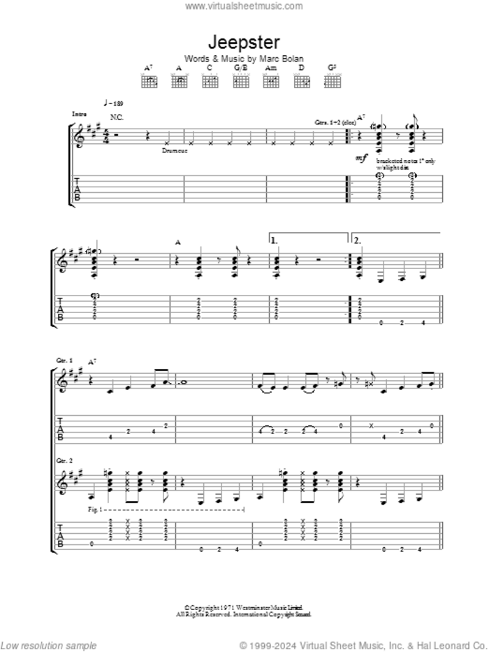 Jeepster sheet music for guitar (tablature) by T Rex, intermediate skill level