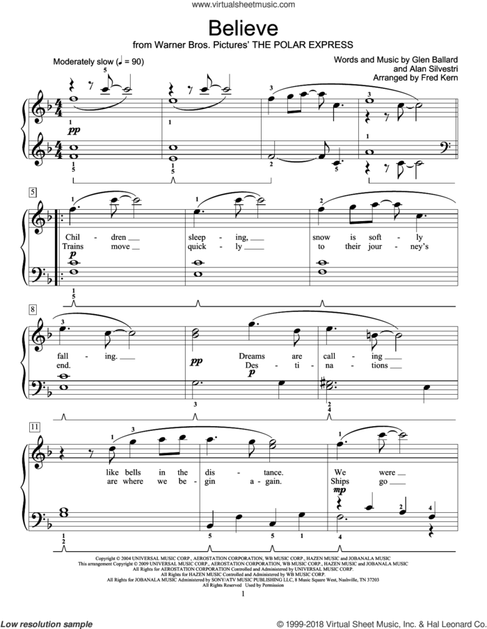 Believe (from The Polar Express) sheet music for piano solo (elementary) by Josh Groban, Fred Kern, Miscellaneous, Alan Silvestri and Glen Ballard, beginner piano (elementary)