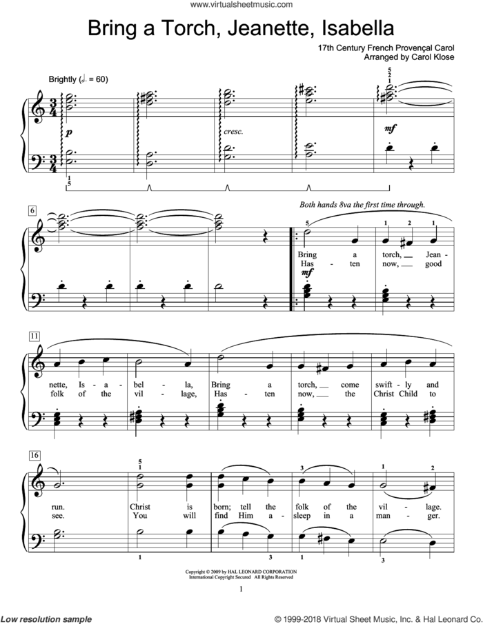 Bring A Torch, Jeannette Isabella sheet music for piano solo (elementary) by Anonymous, Carol Klose and Miscellaneous, beginner piano (elementary)