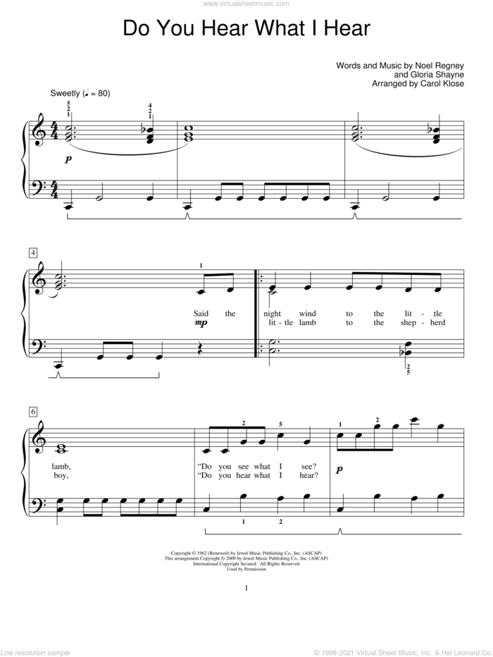 Do You Hear What I Hear, (beginner) sheet music for piano solo (elementary) by Gloria Shayne, Carol Klose, Miscellaneous and Noel Regney, beginner piano (elementary)
