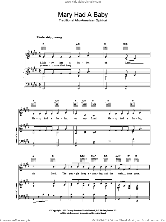 Mary Had A Baby sheet music for voice, piano or guitar, intermediate skill level