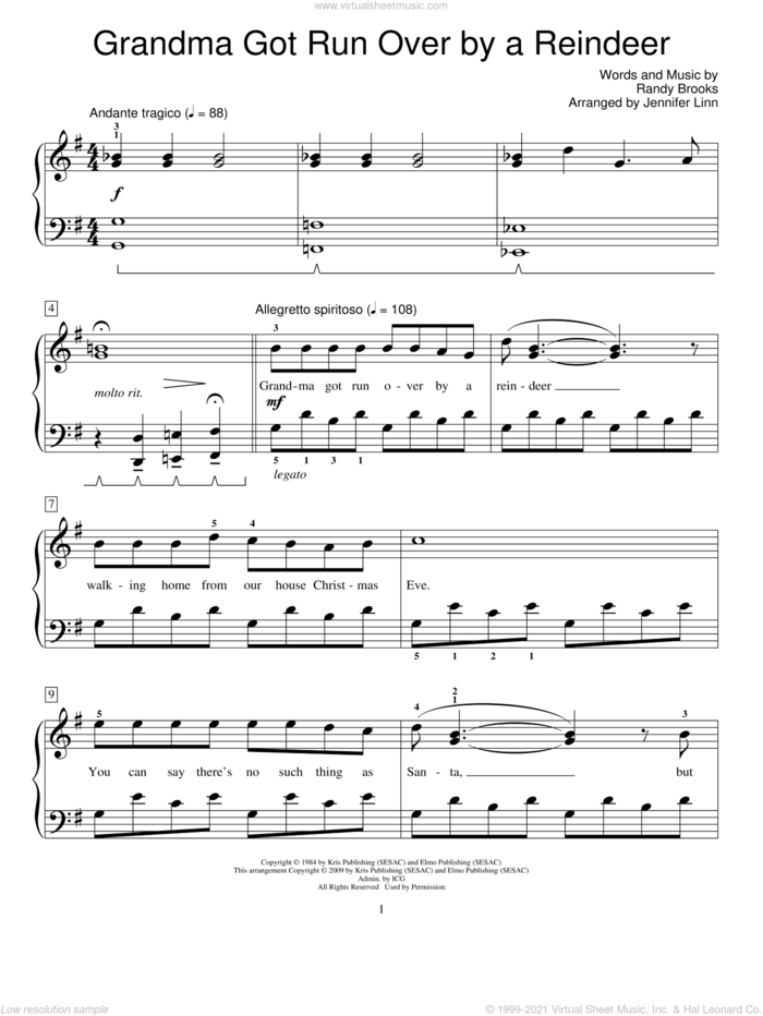 Grandma Got Run Over By A Reindeer sheet music for piano solo (elementary) by Randy Brooks, Jennifer Linn and Miscellaneous, beginner piano (elementary)