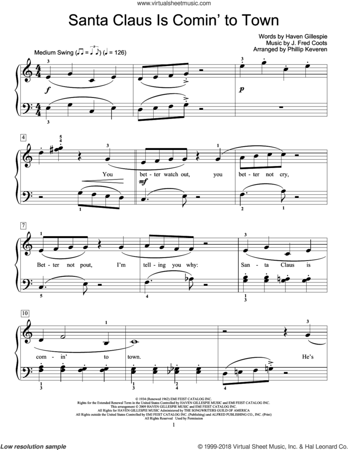Santa Claus Is Comin' To Town (arr. Phillip Keveren) sheet music for piano solo (elementary) by J. Fred Coots, Phillip Keveren, Miscellaneous and Haven Gillespie, beginner piano (elementary)