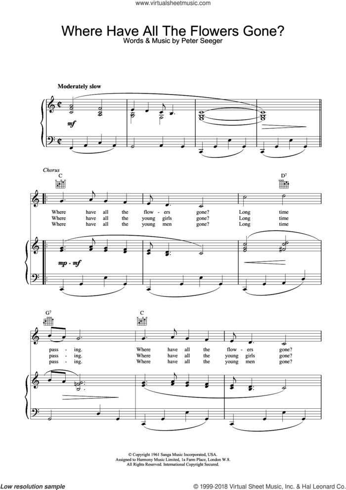 Where Have All The Flowers Gone sheet music for voice, piano or guitar by Pete Seeger and Peter Seeger, intermediate skill level