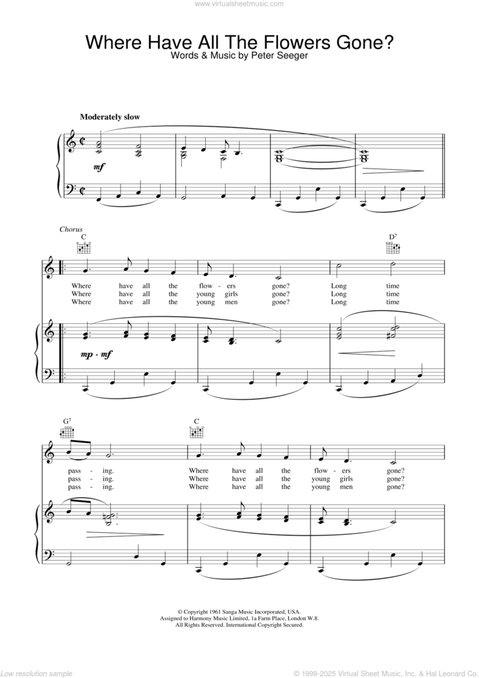 Where Have All The Flowers Gone sheet music for voice, piano or guitar by Pete Seeger and Peter Seeger, intermediate skill level