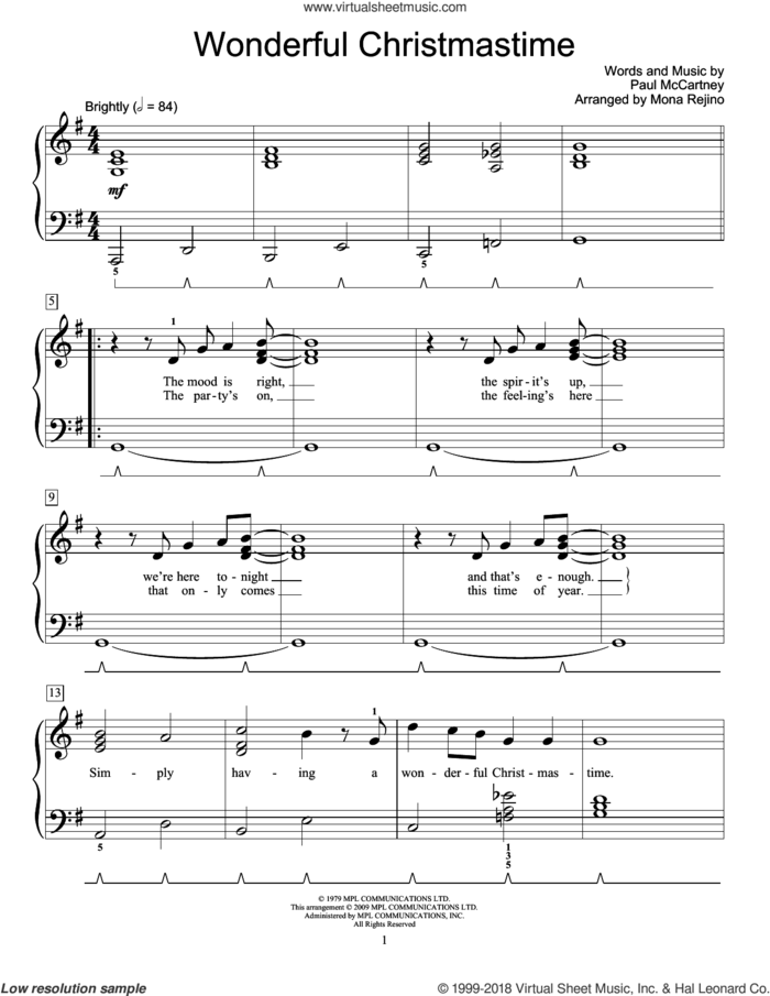 Wonderful Christmastime sheet music for piano solo (elementary) by Paul McCartney, Mona Rejino and Miscellaneous, beginner piano (elementary)