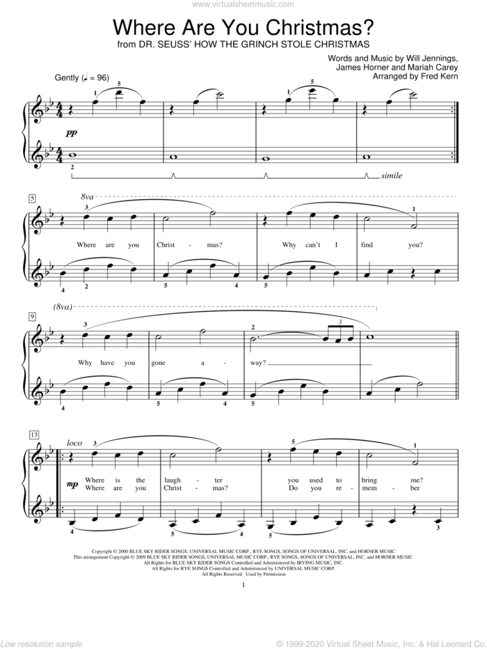 Where Are You Christmas? (arr. Fred Kern) (from How The Grinch Stole Christmas) sheet music for piano solo (elementary) by Faith Hill, Fred Kern, Miscellaneous, James Horner, Mariah Carey and Will Jennings, beginner piano (elementary)