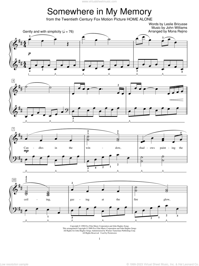 Somewhere In My Memory (arr. Mona Rejino) sheet music for piano solo (elementary) by Bette Midler, Mona Rejino, Miscellaneous, John Williams and Leslie Bricusse, beginner piano (elementary)