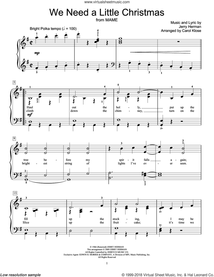 We Need A Little Christmas sheet music for piano solo (elementary) by Angela Lansbury, Carol Klose, Mame (Musical), Miscellaneous and Jerry Herman, beginner piano (elementary)