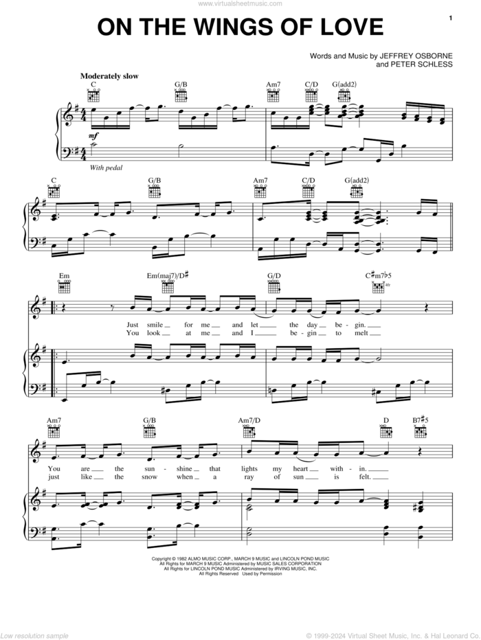 On The Wings Of Love sheet music for voice, piano or guitar by Jeffrey Osborne and Peter Schless, wedding score, intermediate skill level