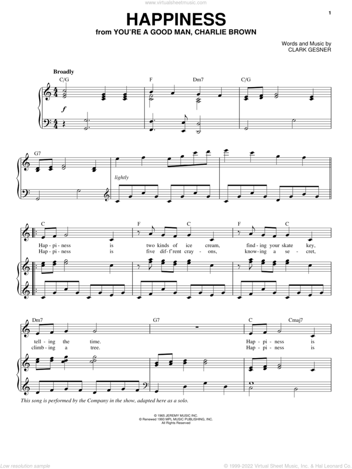Happiness sheet music for voice and piano by Clark Gesner, intermediate skill level