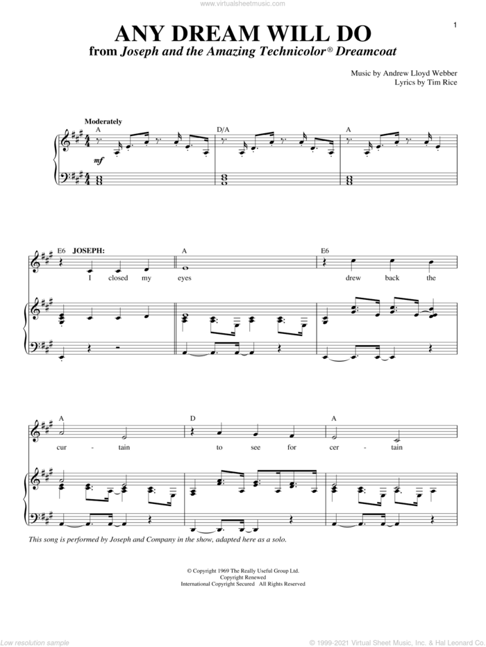 Any Dream Will Do sheet music for voice and piano by Andrew Lloyd Webber, Joseph And The Amazing Technicolor Dreamcoat (Musical) and Tim Rice, intermediate skill level