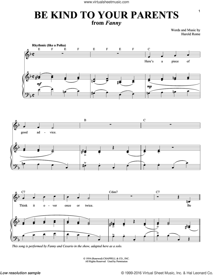 Be Kind To Your Parents sheet music for voice and piano by Harold Rome, intermediate skill level