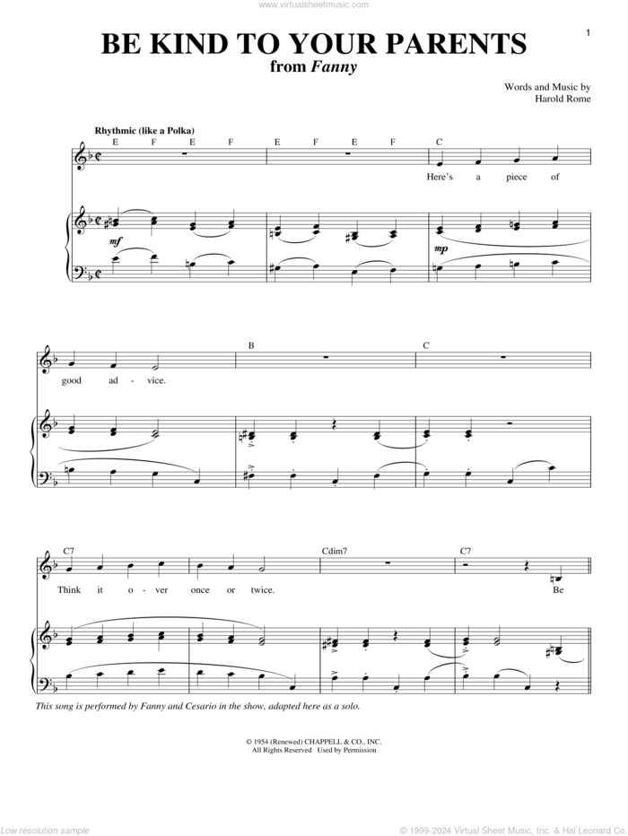 Be Kind To Your Parents sheet music for voice and piano by Harold Rome, intermediate skill level