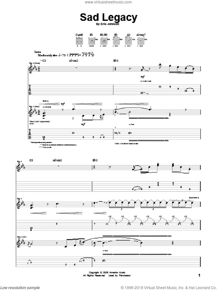 Sad Legacy sheet music for guitar (tablature) by Eric Johnson, intermediate skill level