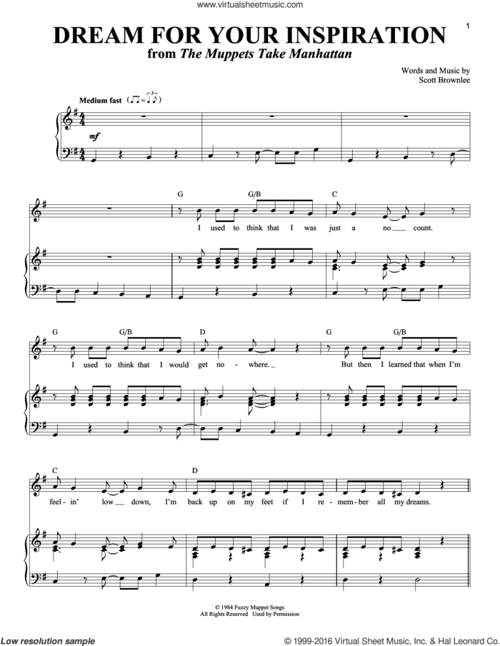 Dream For Your Inspiration sheet music for voice and piano by Scott Brownlee and The Muppets, intermediate skill level