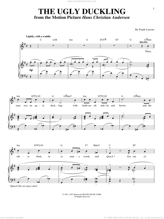 The Ugly Duckling sheet music for voice and piano by Frank Loesser, intermediate skill level