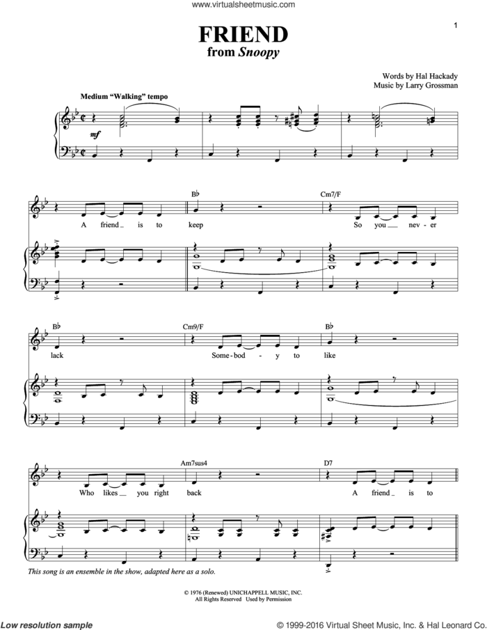 Friend sheet music for voice and piano by Hal Clayton Hackady and Larry Grossman, intermediate skill level