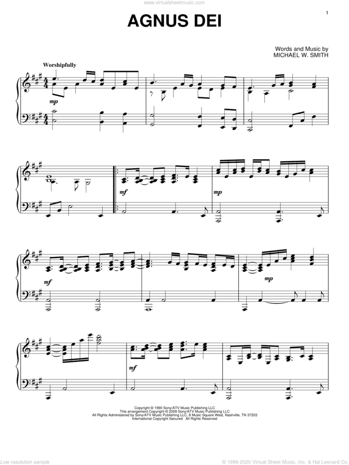 Agnus Dei sheet music for piano solo by Michael W. Smith, intermediate skill level