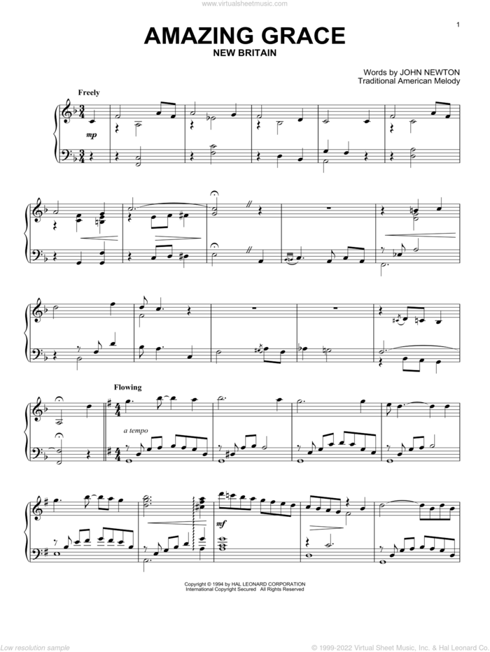 Amazing Grace sheet music for piano solo by John Newton, Edwin O. Excell and Miscellaneous, wedding score, intermediate skill level
