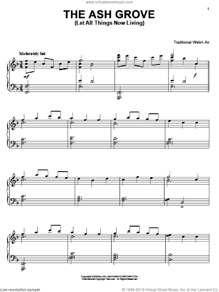 The Ash Grove, (intermediate) sheet music for piano solo by Old Welsh Air and Miscellaneous, intermediate skill level