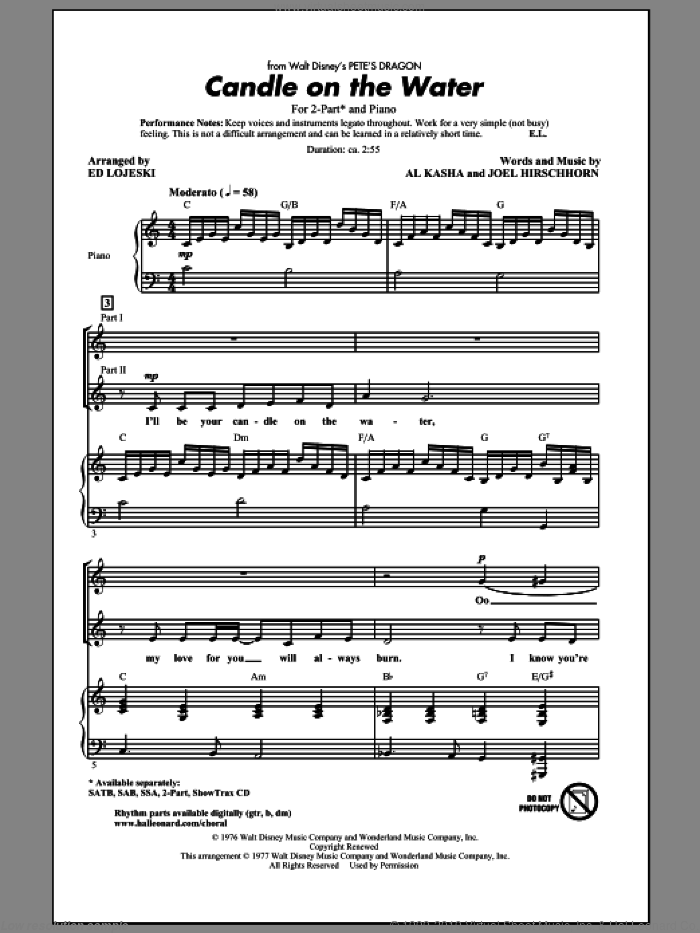 Candle On The Water sheet music for choir (2-Part) by Al Kasha, Joel Hirschhorn and Ed Lojeski, intermediate duet