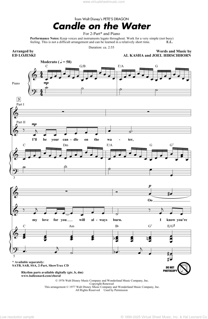 Candle On The Water (from Pete's Dragon) (arr. Ed Lojeski) sheet music for choir (2-Part) by Helen Reddy, Al Kasha, Joel Hirschhorn and Ed Lojeski, intermediate duet