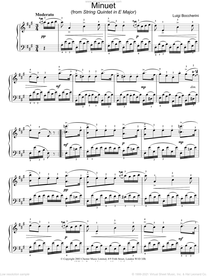 Minuet (from String Quintet in E Major) sheet music for piano solo by Luigi Boccherini, classical score, intermediate skill level