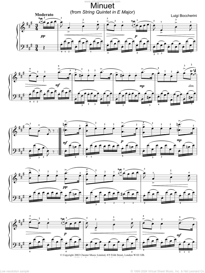 Minuet (from String Quintet in E Major) sheet music for piano solo by Luigi Boccherini, classical score, intermediate skill level