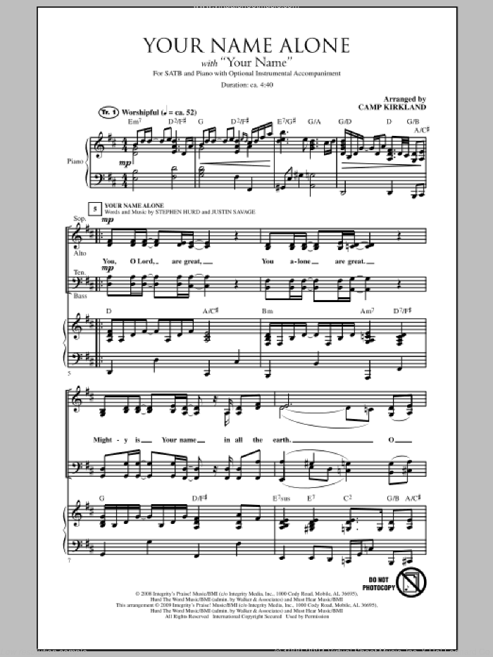 Your Name Alone (with Your Name) sheet music for choir (SATB: soprano, alto, tenor, bass) by Paul Baloche, Glenn Packiam and Camp Kirkland, intermediate skill level