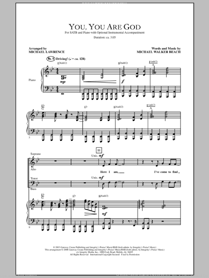 You, You Are God sheet music for choir (SATB: soprano, alto, tenor, bass) by Michael Walker Beach and Michael Lawrence, intermediate skill level