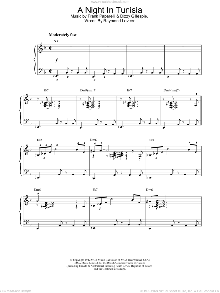 A Night In Tunisia sheet music for piano solo by Dizzy Gillespie and Frank Paparelli, intermediate skill level