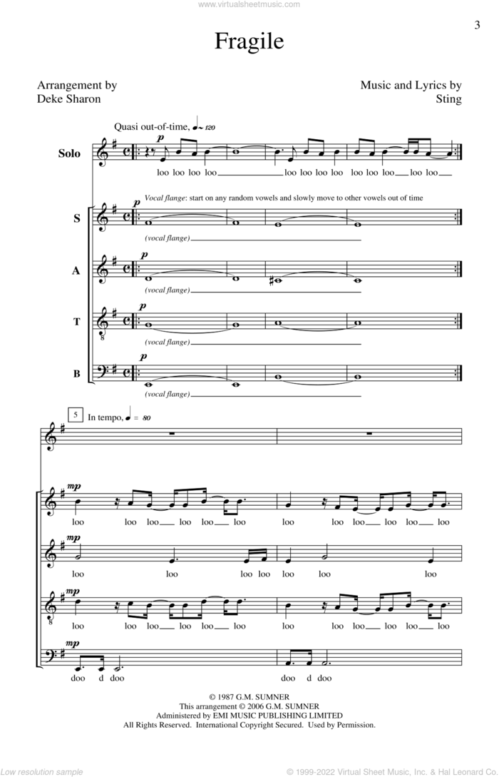 Fragile sheet music for choir (SATB: soprano, alto, tenor, bass) by Sting, Deke Sharon and Robert Dietz, intermediate skill level