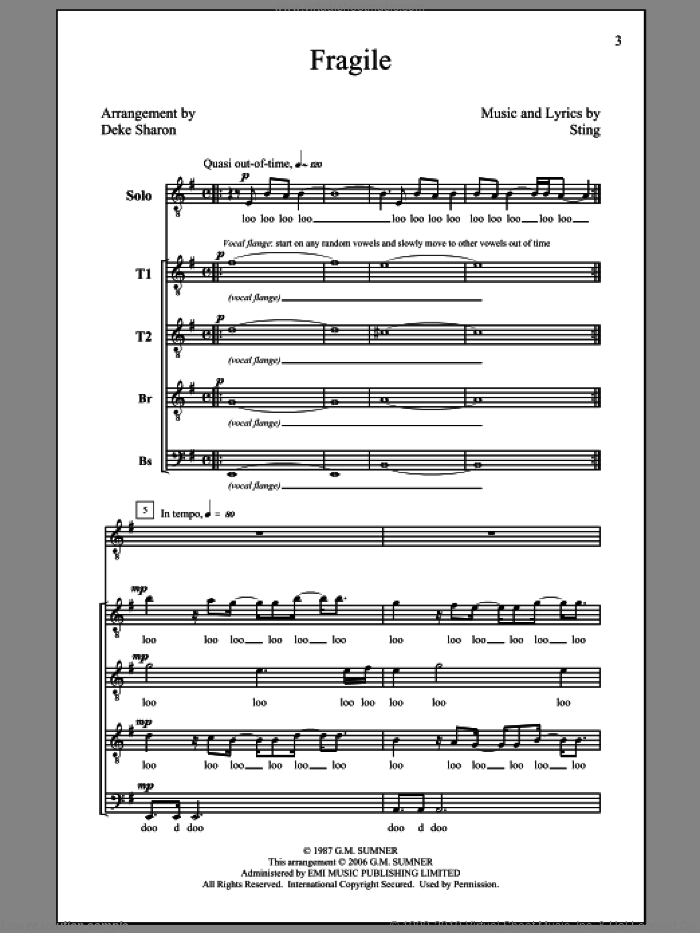 Fragile sheet music for choir (TTBB: tenor, bass) by Sting, Deke Sharon and Robert Dietz, intermediate skill level