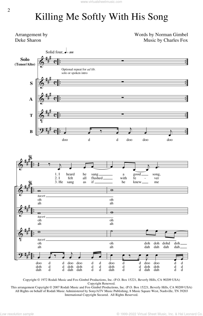 Killing Me Softly With His Song (arr. Deke Sharon) sheet music for choir (SATB: soprano, alto, tenor, bass) by Norman Gimbel, Charles Fox, Deke Sharon and Roberta Flack, intermediate skill level