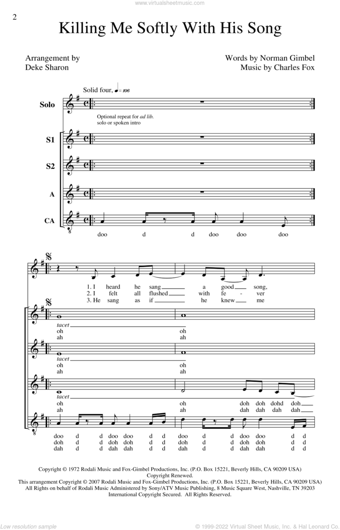 Killing Me Softly With His Song (arr. Deke Sharon) sheet music for choir (SSA: soprano, alto) by Norman Gimbel, Charles Fox, Deke Sharon and Roberta Flack, intermediate skill level