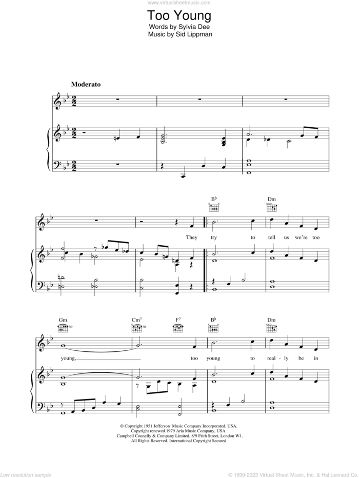 Too Young sheet music for voice, piano or guitar by Nat King Cole, intermediate skill level