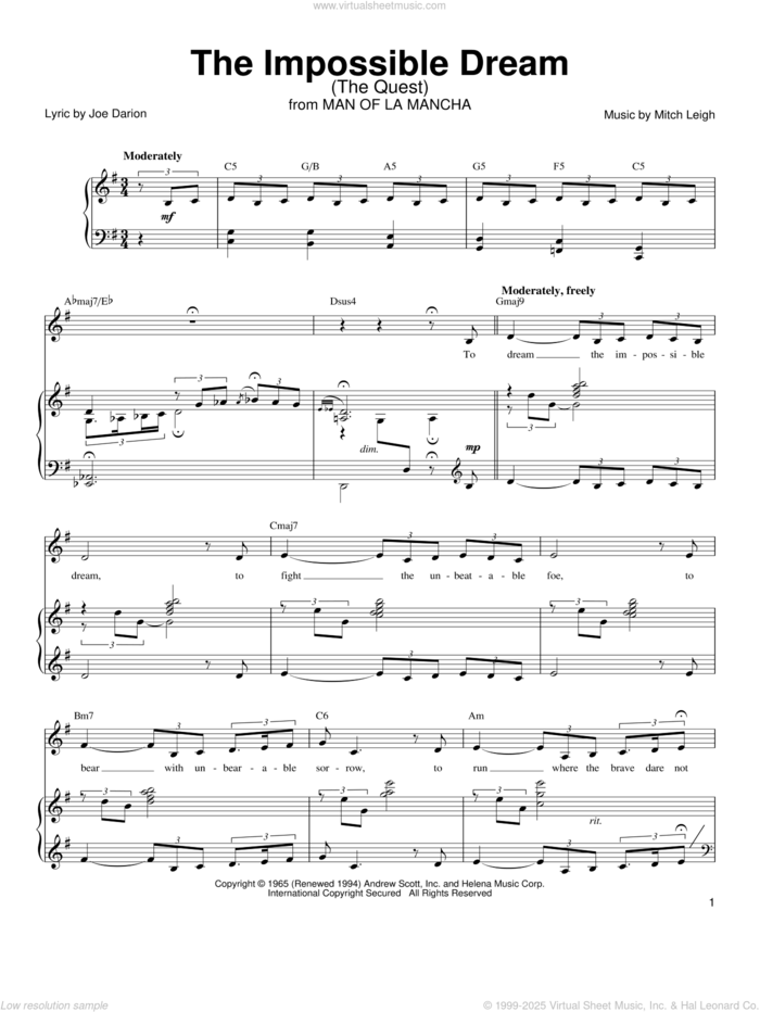 The Impossible Dream (The Quest) sheet music for voice, piano or guitar by Linda Eder, Man Of La Mancha (Musical), Joe Darion and Mitch Leigh, intermediate skill level