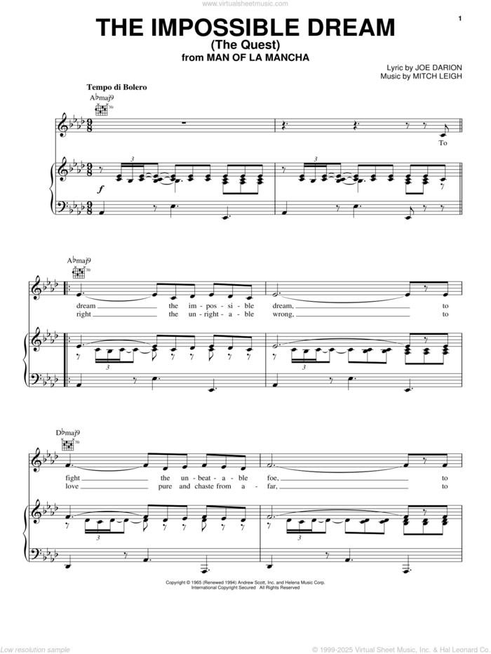 The Impossible Dream (The Quest) sheet music for voice, piano or guitar by Joe Darion, Man Of La Mancha (Musical) and Mitch Leigh, intermediate skill level