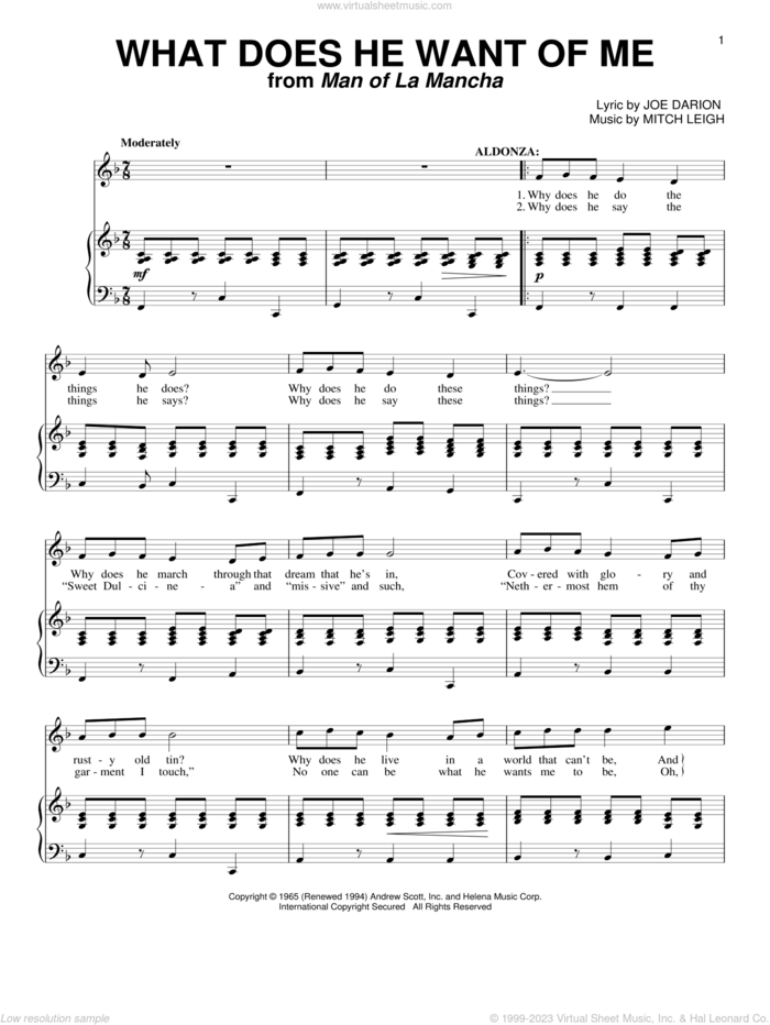 What Does He Want Of Me sheet music for voice and piano by Joe Darion, Man Of La Mancha (Musical) and Mitch Leigh, intermediate skill level