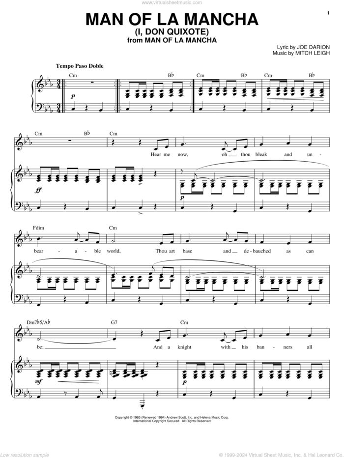 Man Of La Mancha (I, Don Quixote) sheet music for voice and piano by Joe Darion, Man Of La Mancha (Musical) and Mitch Leigh, intermediate skill level