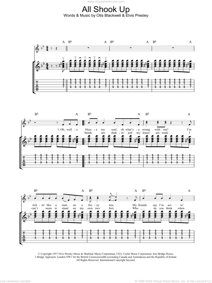 All Shook Up sheet music for guitar (tablature) by Elvis Presley, intermediate skill level