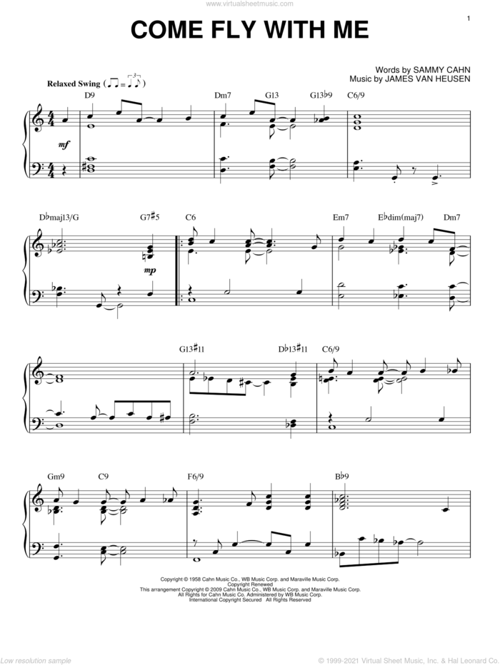 Come Fly With Me (arr. Brent Edstrom) sheet music for piano solo by Frank Sinatra, Jimmy van Heusen and Sammy Cahn, intermediate skill level