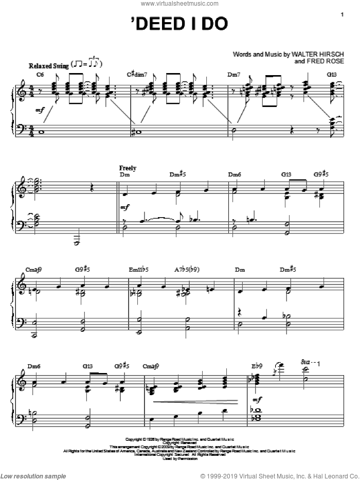 'Deed I Do (arr. Brent Edstrom) sheet music for piano solo by Walter Hirsch, Diana Krall and Fred Rose, intermediate skill level