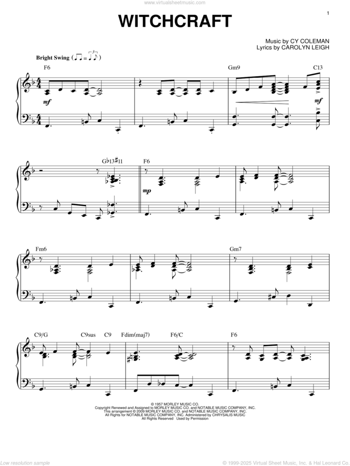 Witchcraft (arr. Brent Edstrom) sheet music for piano solo by Cy Coleman, Frank Sinatra and Carolyn Leigh, intermediate skill level
