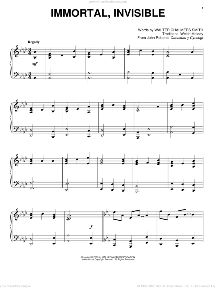 Immortal, Invisible, (intermediate) sheet music for piano solo by Walter Chalmers Smith and Miscellaneous, intermediate skill level