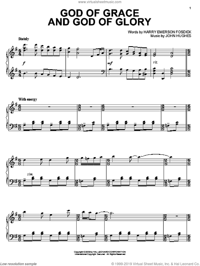 God Of Grace And God Of Glory, (intermediate) sheet music for piano solo by Harry Emerson Fosdick and John Hughes, intermediate skill level