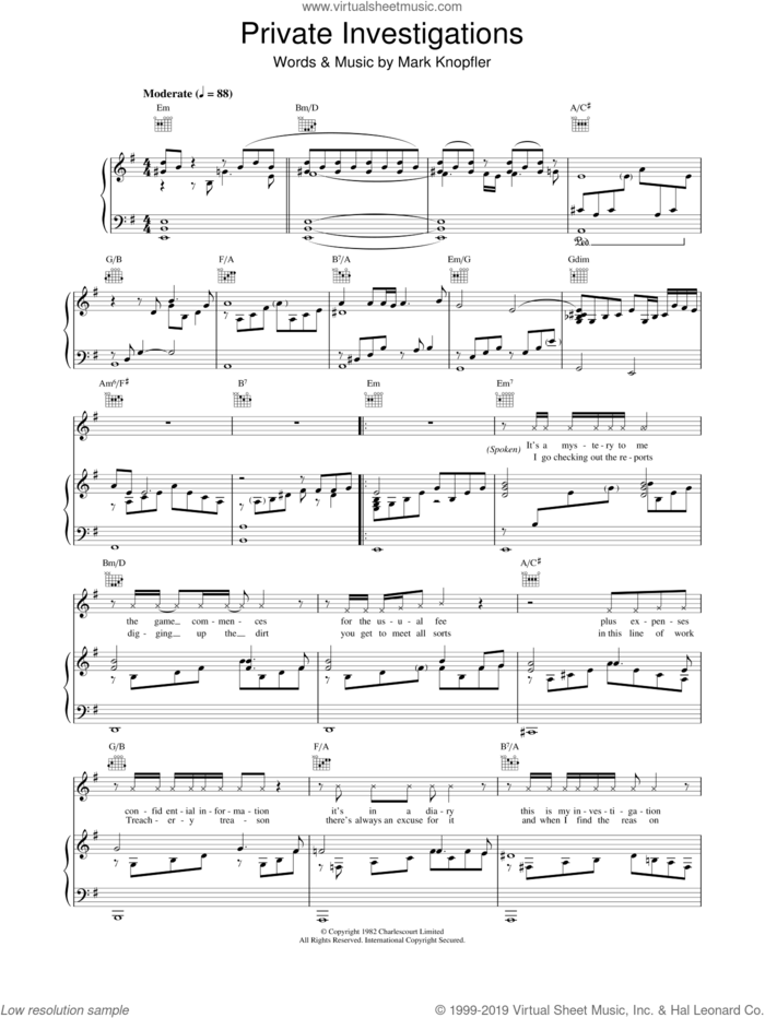 Private Investigations sheet music for voice, piano or guitar by Dire Straits, intermediate skill level