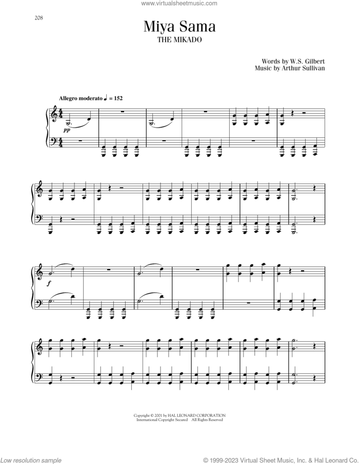 Miya Sama sheet music for voice and piano by Gilbert & Sullivan, Arthur Sullivan and William S. Gilbert, classical score, intermediate skill level