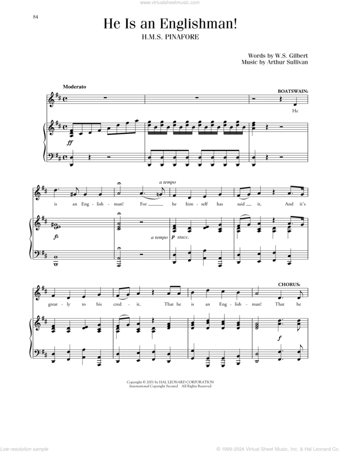 He Is An Englishman sheet music for voice and piano by Gilbert & Sullivan, Arthur Sullivan and William S. Gilbert, classical score, intermediate skill level